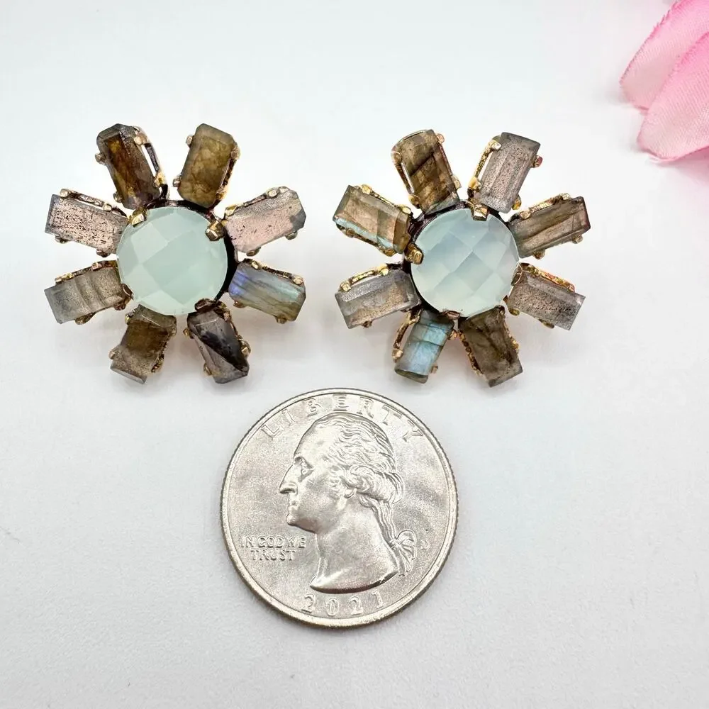 Labradorite Baguette Faceted Chalcedony 925 Sterling Silver Sunburst Earrings - Picture 10 of 14